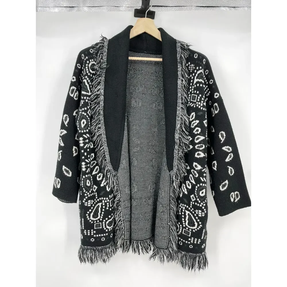 Made in Italy | Black White Paisley Jacquard Knit Fringe Cardigan *no belt* S